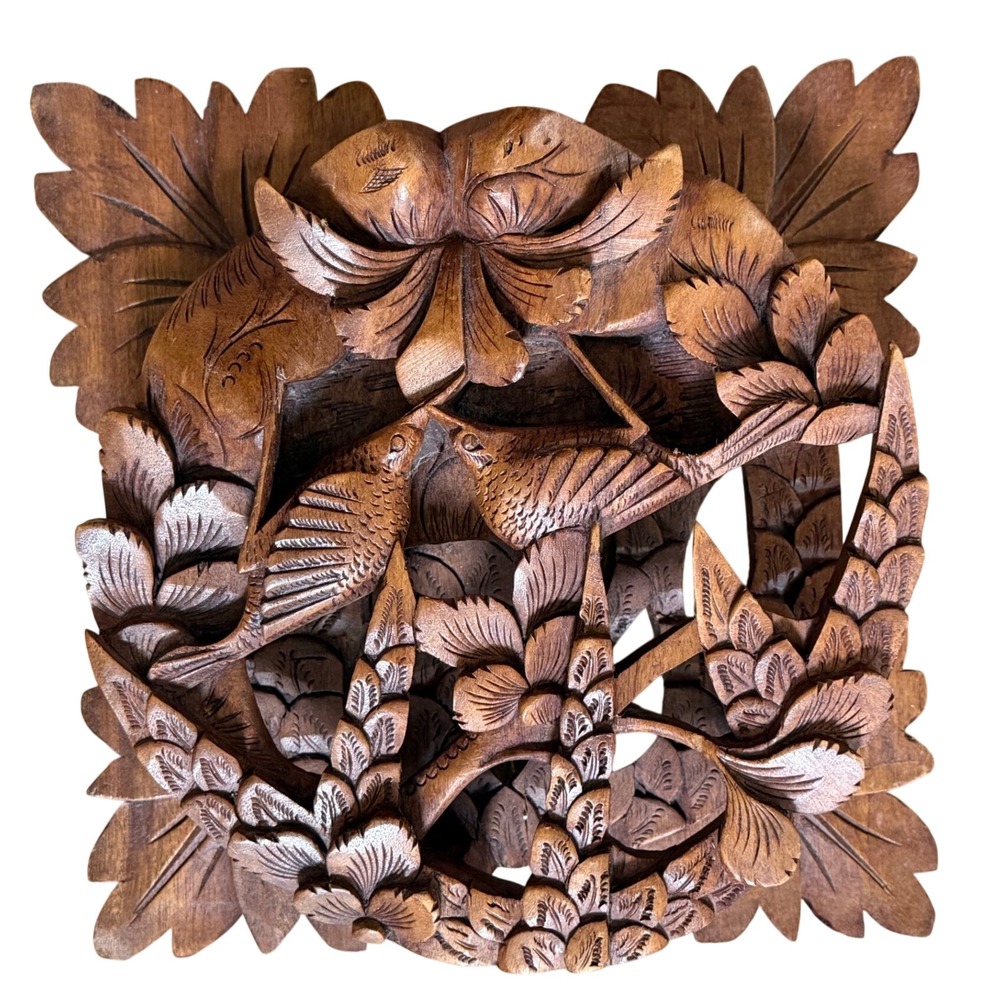 Vintage Hand Carved Wood Wall Art Birds Tropical Floral Relief Plaque 8x8